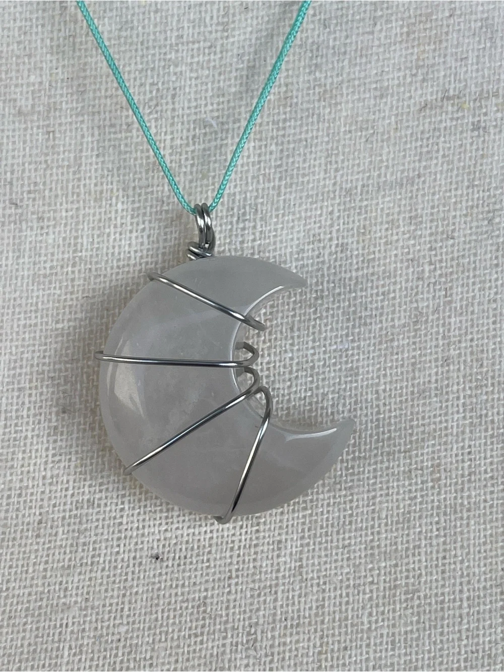 Clear Quartz Moon Necklace on Aqua Nylon Cord Stainless Steel Wire Wrap
